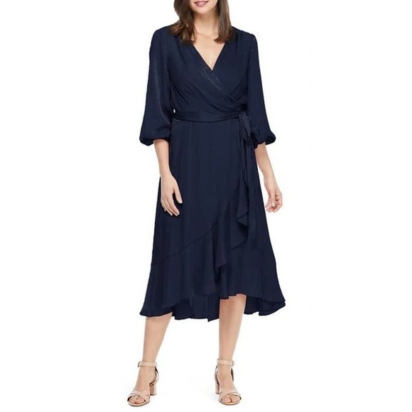 Gal Meets Glam Collection Dresses & Skirts - Gal Meets Glam Navy Jennifer Shimmer Satin Wrap Midi Dress Ruffle Hem Size 2